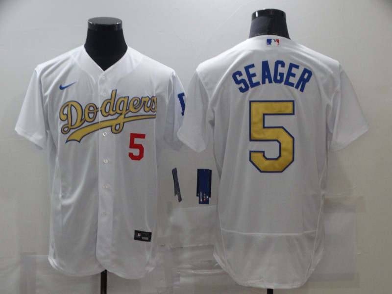 Men's Los Angeles Dodgers #5 Corey Seager White Gold 2021 Stitched Jersey